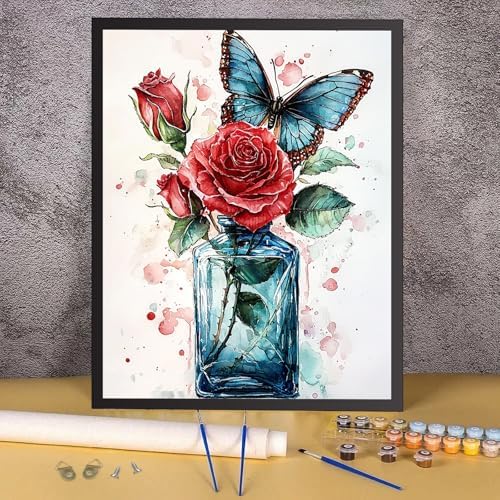 RICUVED Flowers Paint by Numbers for Adults, Butterfly Paint by Numbers Kit for Adults Beginners, Bottle DIY Acrylic Oil Painting on Canvas Easy for Gift Home Wall Decor 16x20 Inch - Image 2