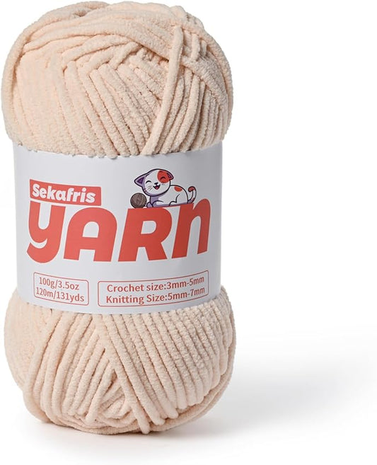 Plush Chunky Chenille Yarn for Crocheting, Soft Fluffy Velvet Yarn for Crocheting, Fuzzy Baby Blanket Knitting Yarns, 100g/131yds Bulky Amigurumi Yarns（Beige）