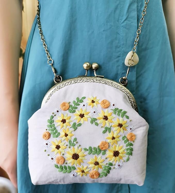 Yellow Sunflower Handmade DIY Embroidered Purse Adults Beginners Cross Stitch Kit