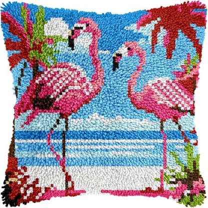 veirousa Flamingos Latch Hook Kits for Adults, Beginners DIY Hooked Pillow Kit Pre-Printed Pillowcase Hook and Latch Rug Kits Cross-Stitch Cushion Cover for Home Sofa Decoration 17x17 inch by VEIROUSA
