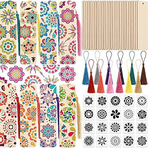 TaoBary 92 Pcs 4.8 x 1.3 Inch Flower Wood Bookmark Making Kit Includes 36 Unfinished Blank Bookmarks 36 Tassels 20 Templates, Back to School DIY Painting Craft for Home Class Holiday Teachers Gift by TaoBary