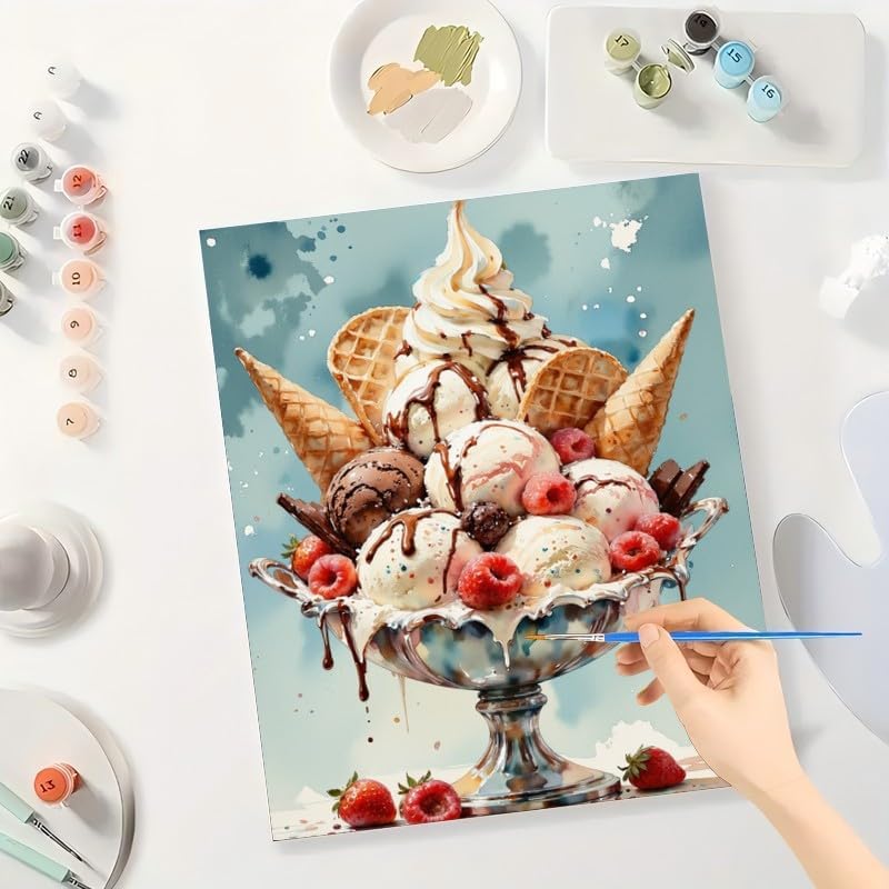 Dessert Art Paint by Numbers Kit for Adults - DIY Ice Cream Sundae with Berries and Waffles Painting on Canvas 16x20In, Framed Acrylic Paint Set for Beginners, Art for Home Decoration or Gifts - Image 3