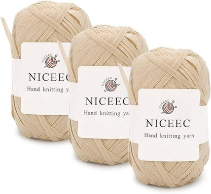 NICEEC 3 Packs Kraft Paper Yarn- Soft Raffia Ribbon Yarn for Crocheting & Knitting, Polyester, DIY Weaving - Total 474yds, 5.3oz - Beige