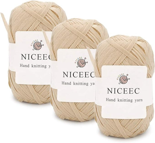 NICEEC 3 Packs Kraft Paper Yarn- Soft Raffia Ribbon Yarn for Crocheting & Knitting, Polyester, DIY Weaving - Total 474yds, 5.3oz - Beige