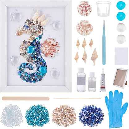 WEBEEDY DIY Seahorse Sea Glass Resin Kit DIY Sea Animals Glass Art Kit with Instruction for Adults Beginners Seahorse Art Summer Resin Decorations Frame Home Bookshelf Office Wall Decor(5.9x7.9)