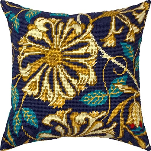 Brvsk Floral Embroidery Kit for Adults and Beginners — Honeysuckle by William Morris 16″ × 16″ with Clear, Precise Printed Design on Cotton Canvas; Includes 2 Needles, Yarn, and Easy-Read Chart by Brvsk