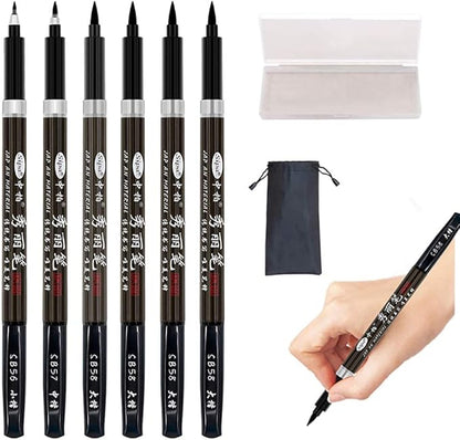 Rilanmit Calligraphy Pens Set for Beginners, Hand Lettering Pens Brush Drawing Markers Kits Chinese Japenese Pens Black Ink for Journaling, Writing, Art Drawing, 3 Size(Pack of 6)