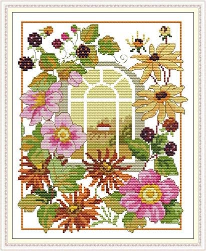 Howie's Needlepoint Cross Stitch Kits, 14CT Pre-Printed Pattern Needlepoint Kits, Full Range of Stamped Starter Kits(The Four Seasons Scenery Window-Autumn,11.02 x 13.2 inch) by HowiesNeedlepoint