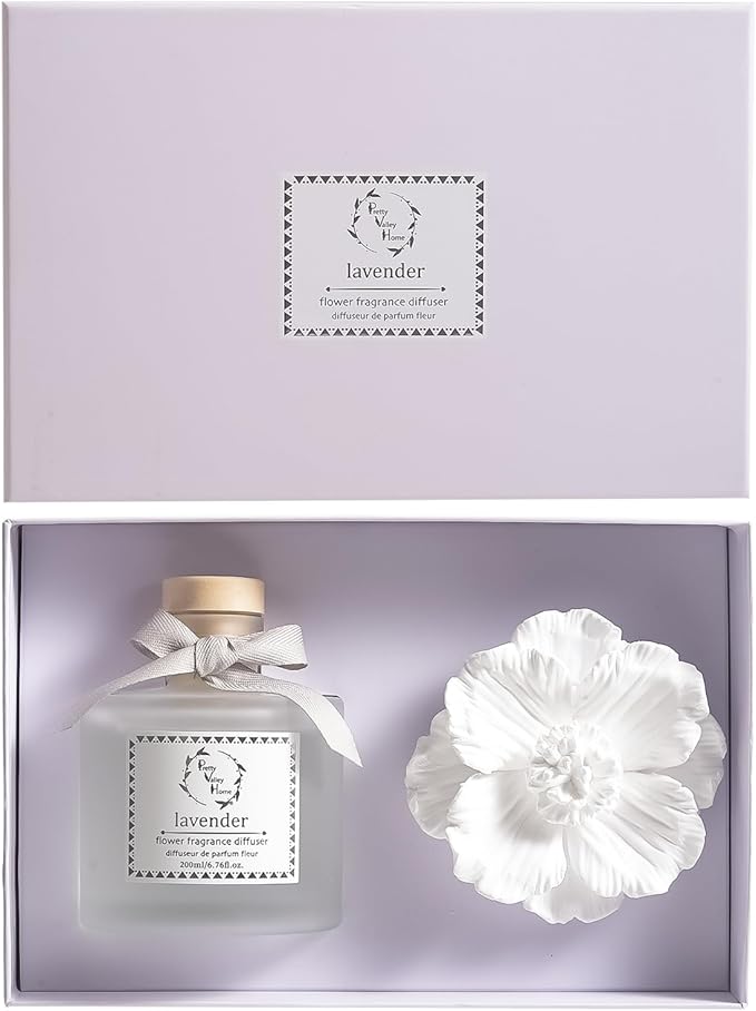 Pretty Valley Home Reed Diffuser Sets, 6.76 Fl. Oz / 200ML Ceramic Diffuser Flower Gift Box, Home Reed Diffuser for Bathroom Office Bathroom Living Room Decor (Lavender White)