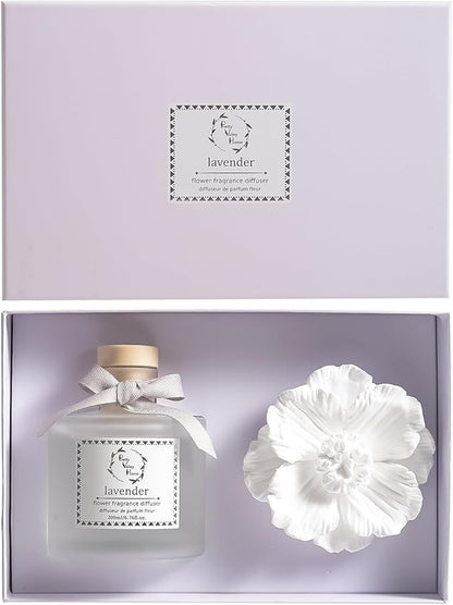 Pretty Valley Home Reed Diffuser Sets, 6.76 Fl. Oz / 200ML Ceramic Diffuser Flower Gift Box, Home Reed Diffuser for Bathroom Office Bathroom Living Room Decor (Lavender White)
