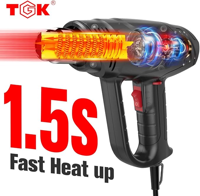 Heat Gun, TGK® 1800W Heavy Duty Hot Air Gun Kit 122℉~1202℉ Dual Temperature Settings with 3 Nozzle Attachments Overload Protection for Crafts, Shrink Wrapping/Tubing, Paint Removing, Epoxy Resin