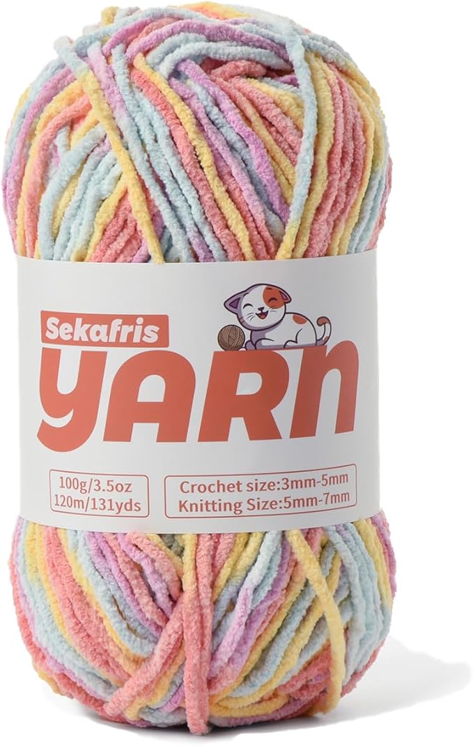 Plush Chunky Chenille Yarn for Crocheting, Soft Fluffy Velvet Yarn for Crocheting, Fuzzy Baby Blanket Knitting Yarns, 100g/131yds Bulky Amigurumi Yarns (Macaron)