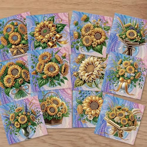 Diamond Painting Greeting Cards 12 Pack Sunflower DIY Kit with Special Shaped Rhinestones, Envelopes & Thick Cardstock, Handmade Craft for Adults, Spring & Summer Gift, Creative DIY Art Card Set - Image 3