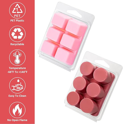 RHBLME 200 Pack Wax Melt Containers, 6-Cavity Clear Plastic Wax Melt Molds - Square & Round Shape Clamshells for Tarts & Candles