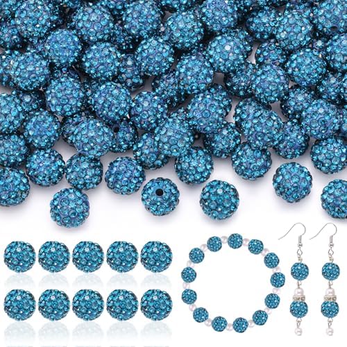 160pcs 10mm Rhinestone Beads for Jewelry Making, Blue Zircon Shiny Round Disco Ball Beads Bulk, Sparkle Crystal Clay Christmas for Bracelet Baseball Necklace Earring Crafting and DIY by TINKRSTUFF