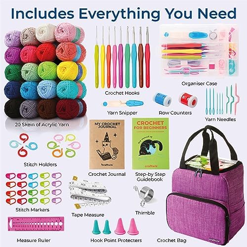 Craftwiz Learn to Crochet Kit for Beginners Adults – Complete Beginner Set with 20 Yarn Skeins, 9 Hooks, Organizer Bag & Book – Perfect Crochet Starter Kit for Adults & Teens - Image 2