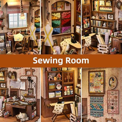 fifijoy Sewing Room Book Nook Kit - DIY Miniature Dollhouse for Adults and Teens, Booknook Tiny House Bookshelf Decor 3D Wooden Puzzle with LED Light, Gift for Family and Friends - Image 4