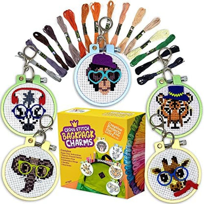 Safari Cross Stitch Kits for Kids - 5 Stamped Beginner Needlepoint Sets by Craftiloo