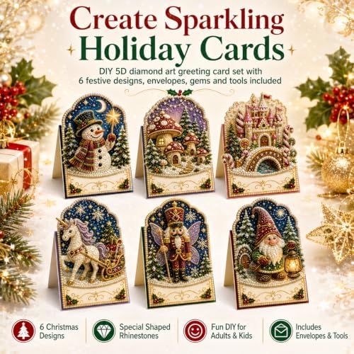 Diamond Art Christmas Cards 6 Pack, 5D DIY Gem Greeting Kits with Envelopes - Image 2