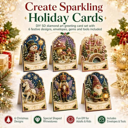 Diamond Art Christmas Cards 6 Pack, 5D DIY Gem Greeting Kits with Envelopes - Image 2
