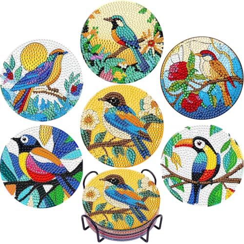 EWJRNSF 6 PCS Bird Diamond Art Coasters DIY Kit with Holder for Adults by EWJRNSFDiamondPainting