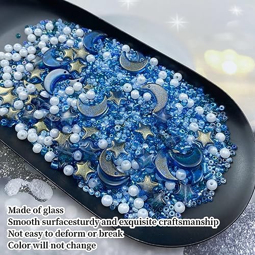 Assorted Glass Beads for Jewelry Making Multi Size Colors Glass Star Moon Seed Pearl Spacer Beads for Bracelets Necklace Earring Making(White Ink Blue) - Image 3