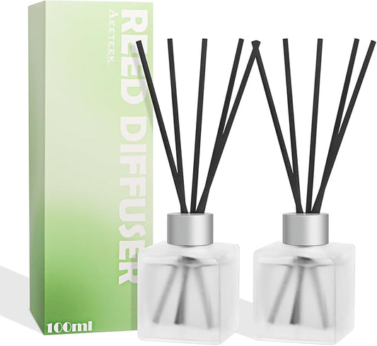 Aeeteek Reed Diffuser, Sea Salt & Green Tea Scented Oils, 100ml Air Freshener Essential Oil Set with Diffuser Sticks, Long Lasting Home Fragrance for Bedroom Office Shelf Bathroom Decor (2-Pack)
