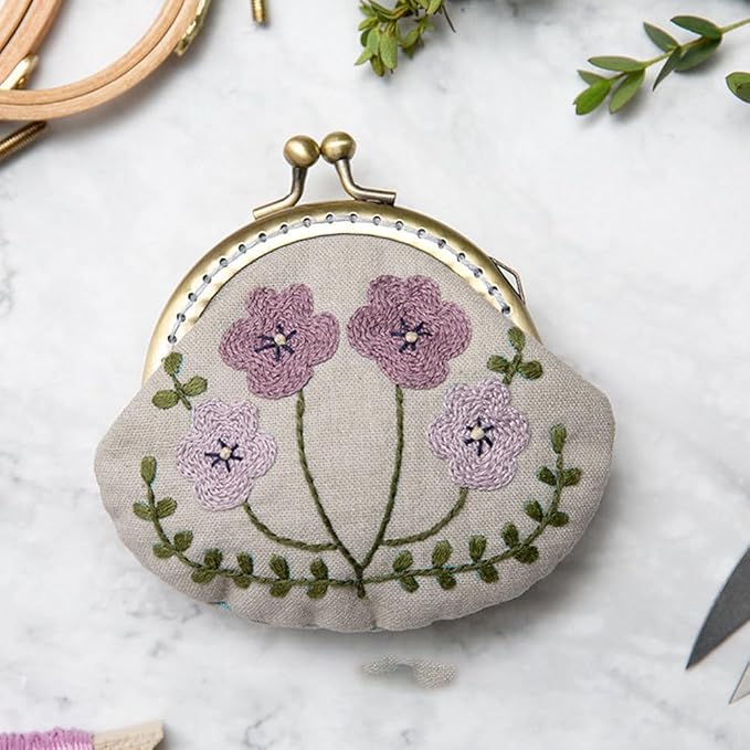 HEALLILY Embroidery Starter Kit with Round Kiss Lock Coin Purse DIY Embroidery Tools with Wool Needle and Washable Pattern for Women Girls Craft
