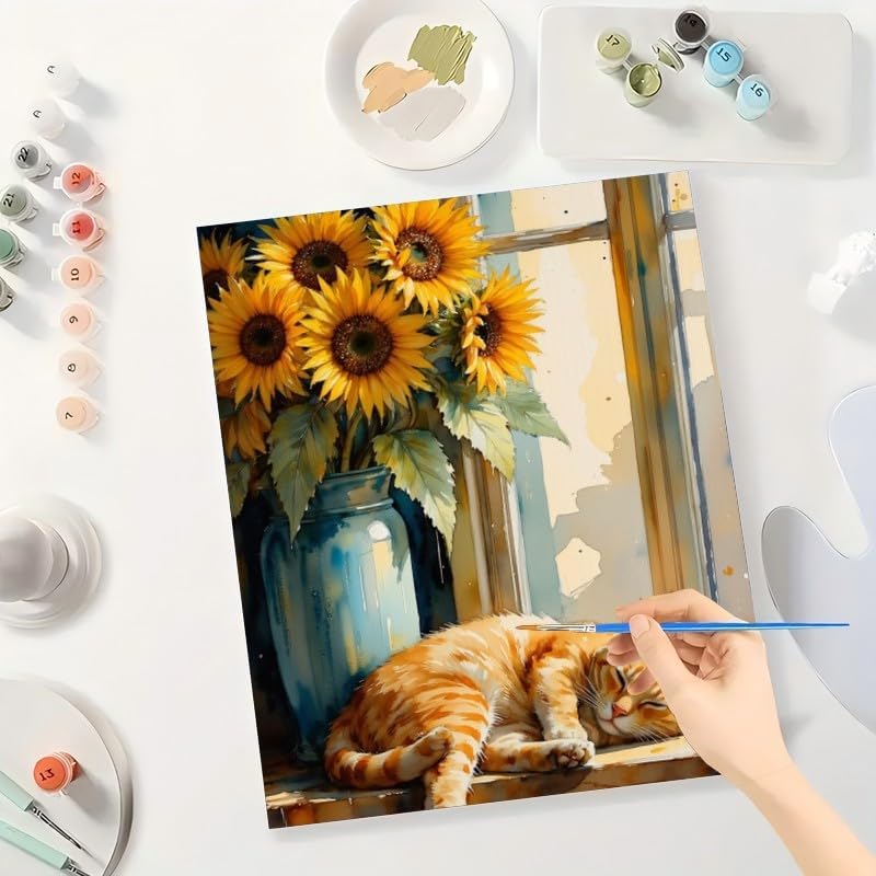 Sleeping Cat Paint by Numbers Kit for Adults - DIY Orange Cat and Sunflowers by Window Painting on Canvas 16x20In, Framed Acrylic Paint Set, Suitable for Beginners, Art for Decoration or Gifts - Image 3