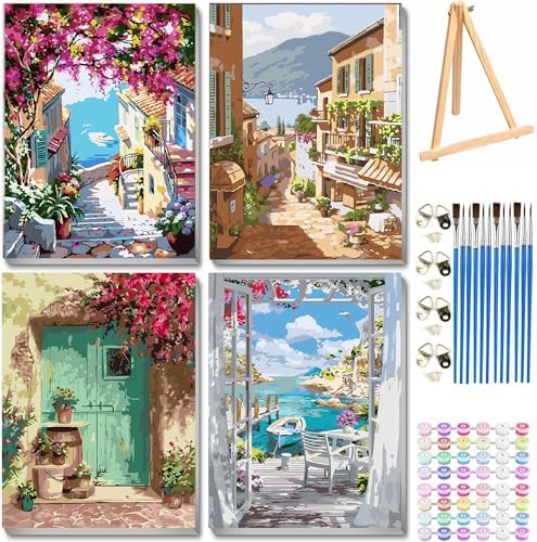 4 Pack Paint by Numbers kit for Adults Beginner Framed with Wooden Easel by VIGEGU