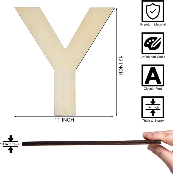 12 Inch Wooden Letter Y, 1/4 Inch Thick Large Unfinished Wood Letter for Home Wall Decor, DIY Crafts