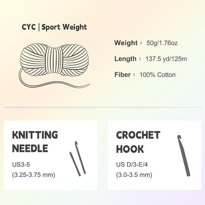 Katech 1OO% Cotton Yarn for Crocheting & Knitting–12-Color of 137 Yards/1.76 oz Baby Cotton Yarn Sport Weight CYC #2-Soft & Breathable-Ideal for Dishcloths, Baby Clothes, Potholders