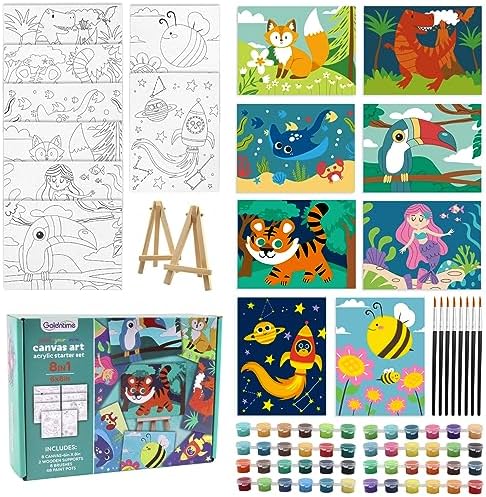 goldentime 8 Packs Predrawn Canvas for Painting Kids Painting Canvas for Kids Painting Kits for Kids 4-8, 48 Paints, 8 Brushes 2 Easels, 8 6x8 Printed Canvas to Paint for Girls Boys and Beginners by Goldentime