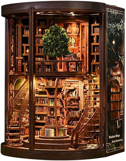 Wisdom Rings Book Repository DIY Book Nook Kit for Adults - Wooden Bookshelf 3D Book Nook Miniature Kit with LED Lights, Puzzle Library Decor for Book Lovers, Dust Proof Display, Unique Gift by Unknown