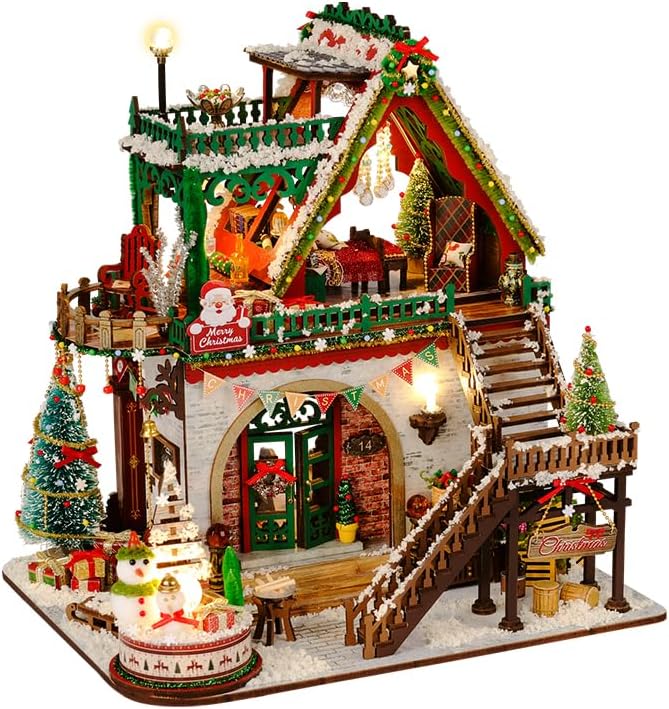 Roroom DIY Miniature House Kit, Snowy Christmas Lodge Dollhouse Kit by Roroom