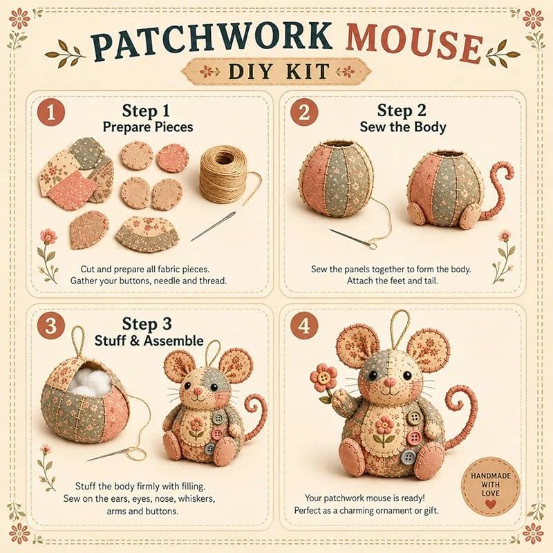 WEERSHUN Handcrafted Vintage Mouse Plush Sewing Kit, Handmade Craft Set, Cute Stuffed Mouse Ornament for Beginners Holiday & Birthday Gift, Fun Felt Craft, Helps Develop Fine Motor Skills (#B) - Image 4