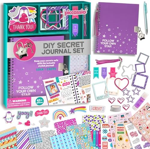 Piccassio DIY Journal Kit for Girls with Lock & Key – Journal Set for Teen Girls 8-14, Scrapbook Kit, Diary for Girls, Arts & Crafts Gift Set, Stationery & Creative Writing Kit by PiccassioArtsCrafts