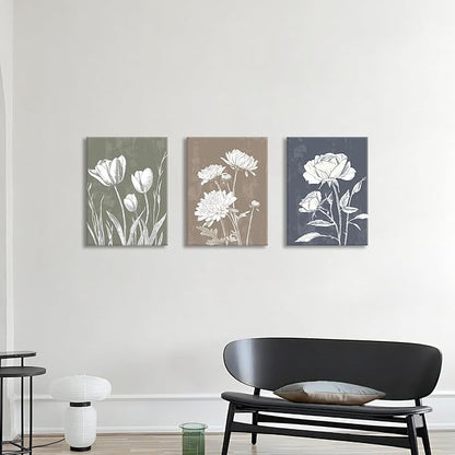 3 Pcs Boho White Flowers Botanical Canvas Wall Art Wooden Rustic Minimalist Farmhouse Floral Wall Paintings Vintage Blossom Picture Artwork Wall Decor for Bedroom Living Room Reay to Hang 12"x16"x3