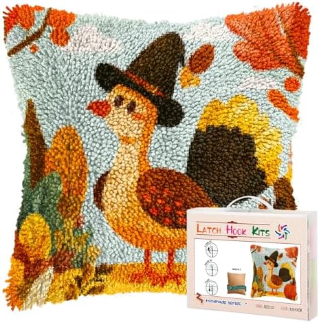 Latch Hook Pillow Kits for Adults Thanksgiving Day Turkey and Pumpkin DIY Pillow Cover Printed Pillowcase Crochet Hooking Yarns Handmade Cushion for Home Sofa Decoration 17x17inch(1) by Unknown