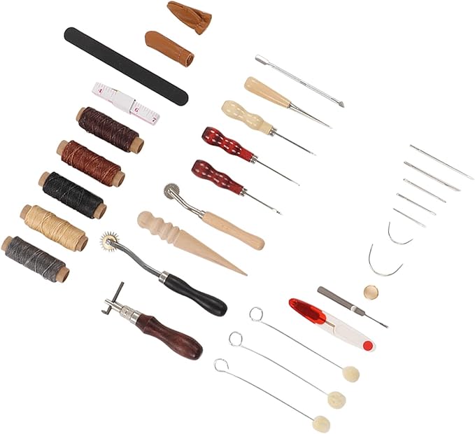 Leather Sewing Kit, Leather Working Tools, Premium DIY Leather Craft Set with Wax Threads Needle Finger Cots Sanding Stick, Stainless Steel Leather Tools for Beginners Professional
