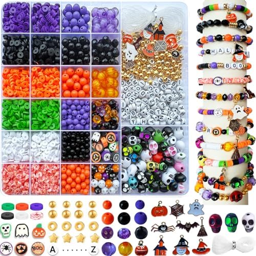 3140Pcs Halloween Beads for Bracelet Jewelry Making Kit, Halloween Clay Beads Black White Orange Purple Pumpkin Round Letter Star Skull Bead Bulk with Ghost Witch Hat Charm for DIY Craft Earring by Unknown