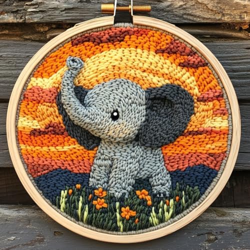 DIY Punch Needle Kits Cartoon Grey Elephant Sunset with Hoop 20x20cm-8 by Unknown