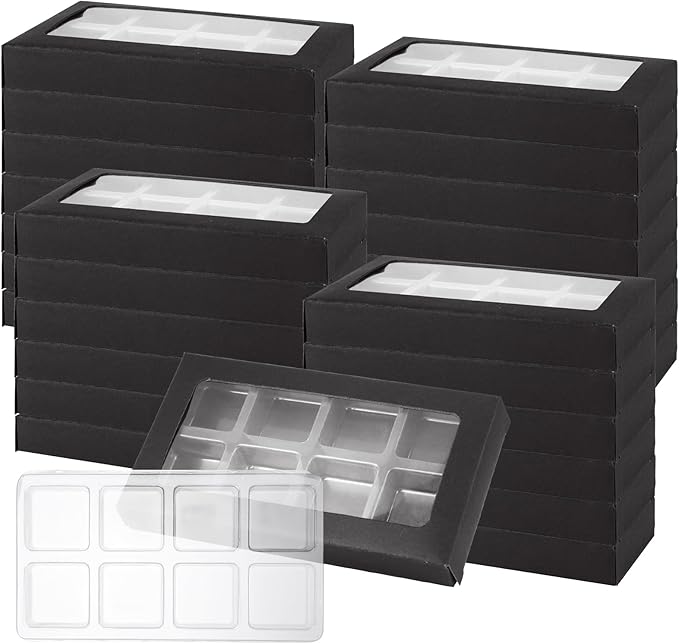 60 Pcs Wax Melt Containers, 8-Cavity Plastic Wax Melt Molds with Kraft Paper Wax Melt Boxes, Black Gift Boxes for Wax Melts, Wax Candle Soap Making
