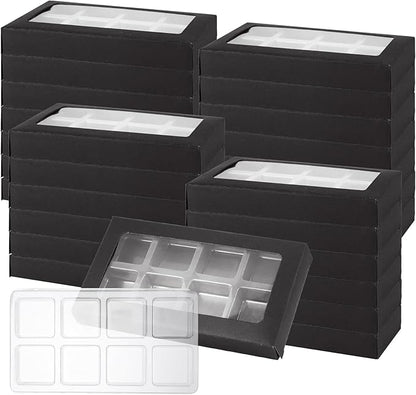 60 Pcs Wax Melt Containers, 8-Cavity Plastic Wax Melt Molds with Kraft Paper Wax Melt Boxes, Black Gift Boxes for Wax Melts, Wax Candle Soap Making
