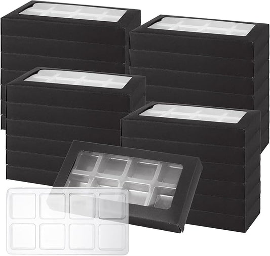60 Pcs Wax Melt Containers, 8-Cavity Plastic Wax Melt Molds with Kraft Paper Wax Melt Boxes, Black Gift Boxes for Wax Melts, Wax Candle Soap Making