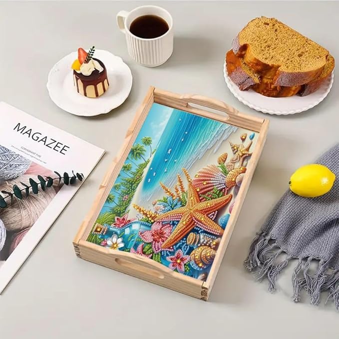 DoxQcs DIY Diamond Art Wooden Food Tray with Handle Diamond Painted Table Decoration Tray for Breakfast Bar Dinner Table Diamonds Art Painting for Beginners-Starfish