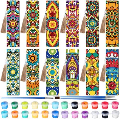 Kosiz 12 Pcs Mandala Paint by Number Kit for Adult Wood Bookmark by Kosiz