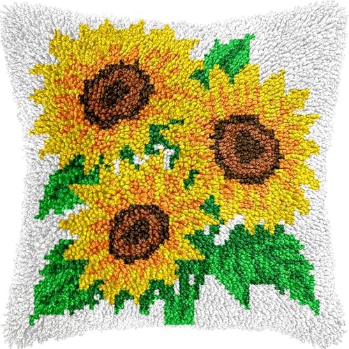 veirousa Sunflowers Latch Hook Pillow Kits for Adults Beginners, DIY Floral Throw Pillowcase Kit, Pre-Printed Rug Hooking Set, Cross-Stitch Cushion for Home Sofa Decor & Gift Idea 17x17 Inch by VEIROUSA