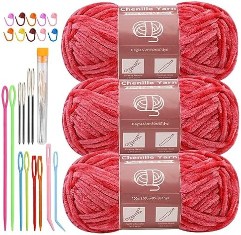 LUNARM Chenille Yarn 3 Pack 3.5oz Chunky Blanket Velvet Yarn 263 Yard by Lunarm