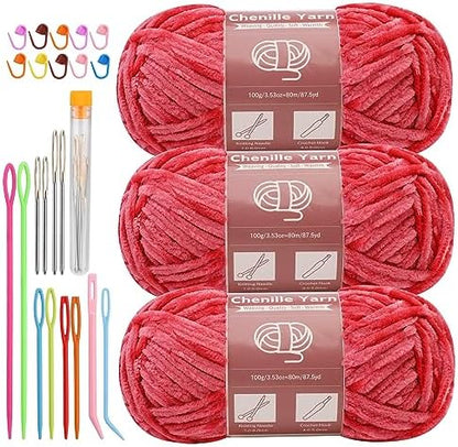 LUNARM Chenille Yarn 3 Pack 3.5oz Chunky Blanket Velvet Yarn 263 Yard by Lunarm